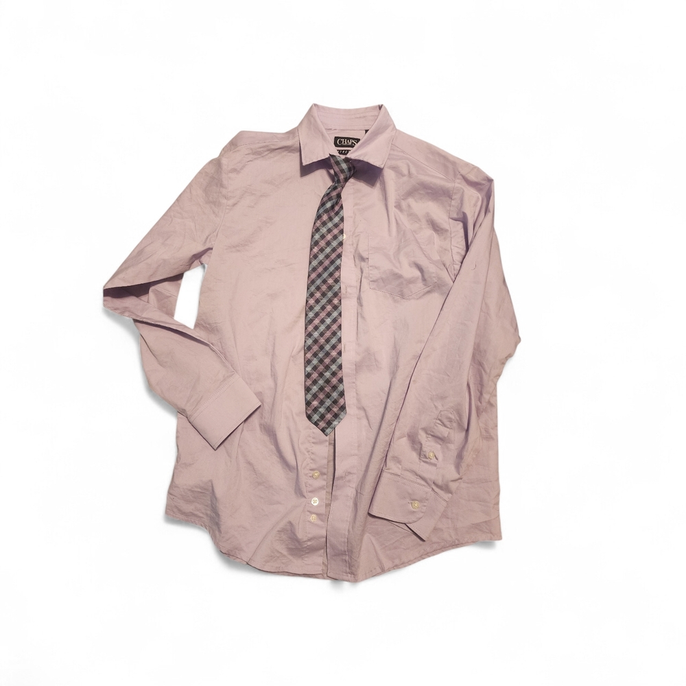 Chaps Light Pink Button-Down Shirt with Plaid Tie